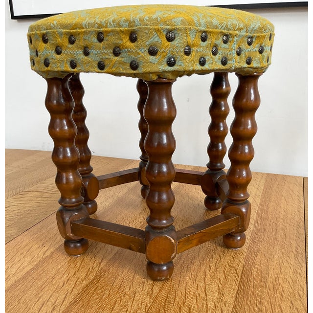 Vintage Mid-Century Oak Footstool With Geometric Needlepoint Tapestry For Sale In Raleigh - Image 6 of 9