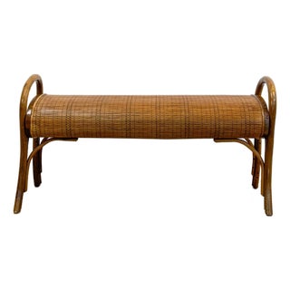 French Style Bentwood Rattan Woven Bench Vintage MCM 1960s Accent Boho Design For Sale