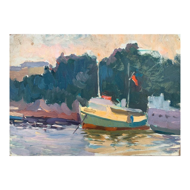 Original River Landscape Oil Painting, Ukrainian Artist, 1960s For Sale