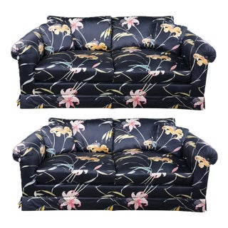 Pair Mid Century Erwin-Lambeth for John Stuart Botanical Lily Rolled Arm Sofas For Sale