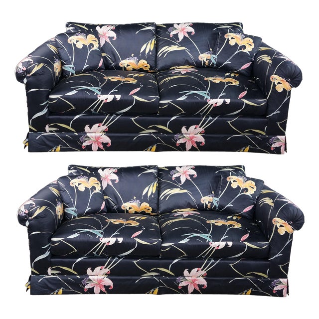 Pair Mid Century Erwin-Lambeth for John Stuart Botanical Lily Rolled Arm Sofas For Sale