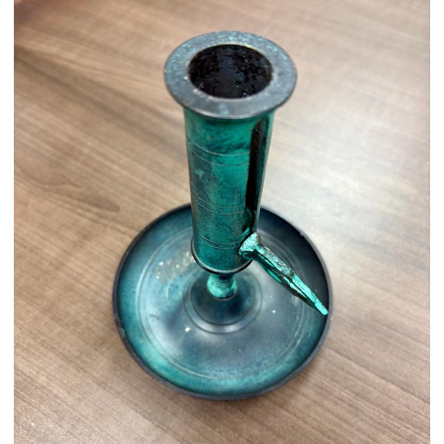 Green Vintage Oxidized Brass Candlestick With Candle Push Handle For Sale - Image 8 of 12