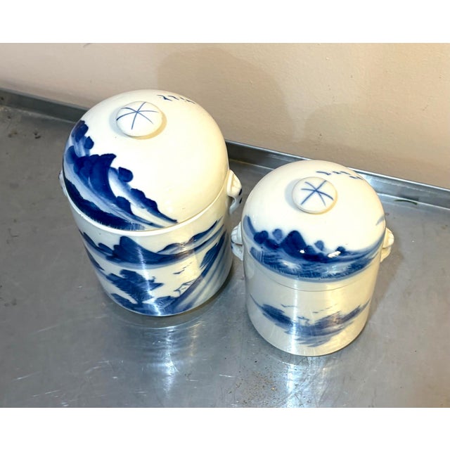 1940s Blue/White Hand-Painted Asian Ceramic Canisters Set of Two For Sale - Image 5 of 7
