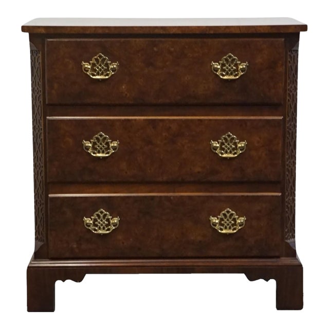 Late 20th Century Baker Furniture Solid Burled Walnut Traditional Chippendale Style 30" Three Drawer Nightstand For Sale