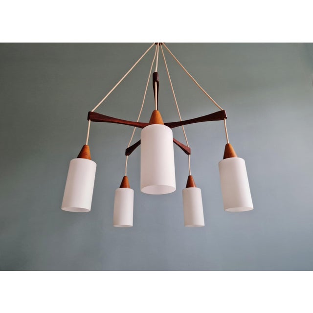 Large Scandinavian Chandelier in Teak and Satin White Opaline Glass, 1960s For Sale - Image 4 of 17
