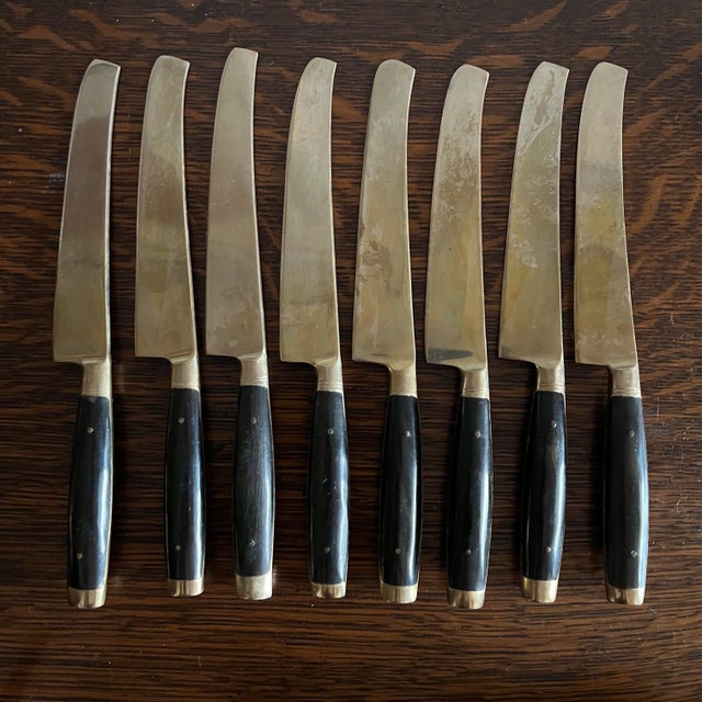 1960s Mid-Century Modern Black & Brass Flatware Set – 50 Pieces, Stainless Steel With Riveted Handles - Utensils For Sale - Image 4 of 9