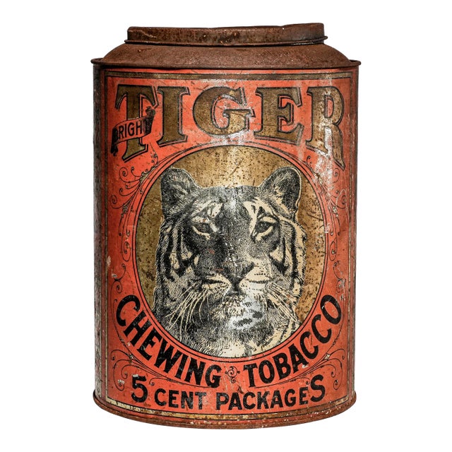 Neat Large Antique Tiger Chewing Tobacco Tin Country Store Advertising Display Can Americana Tobacciana General Store Home Decor For Sale