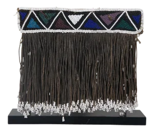 Antique Early 20th Century African Tribal Micro Beaded Geometric Fringed Display on Iron Stand