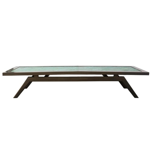 Vintage Rectangular Cocktail Table With Stained Black Wood and Patinated Copper Oxidized Turquoise Top For Sale - Image 4 of 10