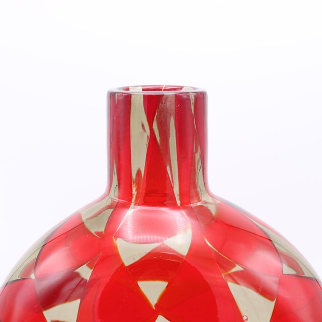 "Intariso" Italian art glass vase by Ercole Barovier. Made by Barovier & Toso. Clear,red and grey glass fused with...