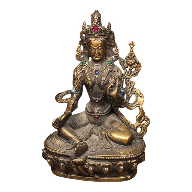 Vintage Bronze Green Tara Statue With Gemstone Inlays For Sale
