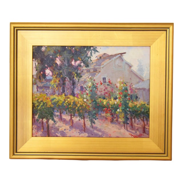 Silvio Silvestri, Listed Artist Farm Barn & Grapevines Landscape Oil Painting Including the Antiqued Gold Wood Frame For Sale