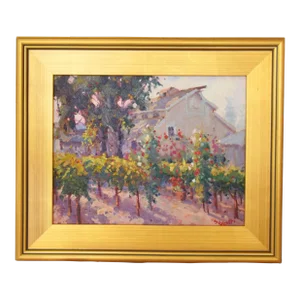 Silvio Silvestri, Listed Artist Farm Barn & Grapevines Landscape Oil Painting Including the Antiqued Gold Wood Frame