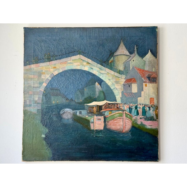 Vintage Oil on Canvas European River Town at Night For Sale - Image 14 of 14