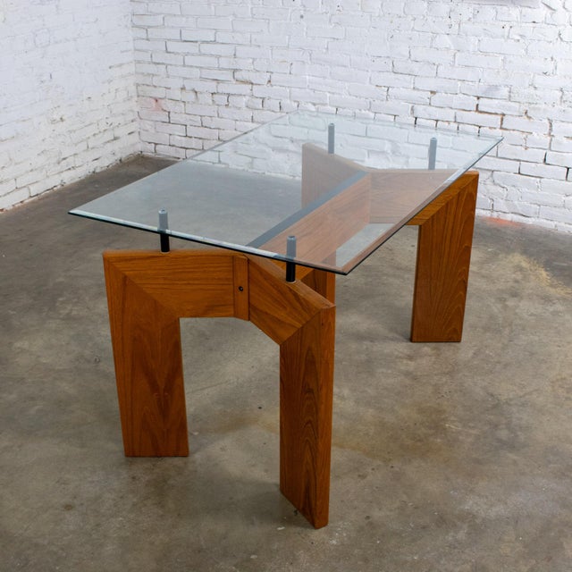 Wood Mid to Late 20th Century Modern to Scandinavian Modern Dining Table Teak Slab Base & Rectangular Beveled Glass Top For Sale - Image 7 of 18