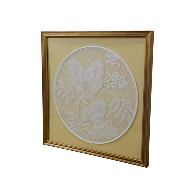 Traditional Mid 20th Century West German Kaiserslautern Embroidered Lace Floral Butterfly Needlework Art For Sale - Image 3 of 9