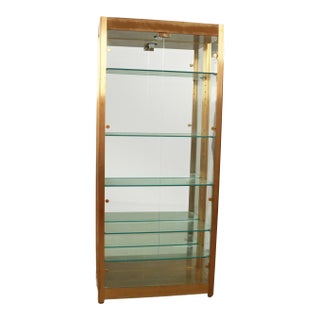 Vintage Mid-Century Hollywood Regency Brass Glass Lighted Curio Cabinet Vitrine For Sale