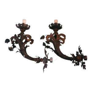 Large Italian Forged Iron and Gilt Wood One-Light Bracket Wall Sconces - A Pair