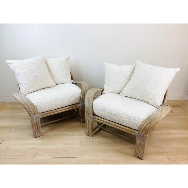 1980s Vintage Pair of McGuire Bent Rattan & Faux Shearling Oversized Upholstered Lounge Chairs For Sale - Image 5 of 12