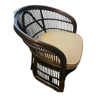 Pair of Rattan and Bamboo Barrel Back Armchairs With Cream Cushions For Sale