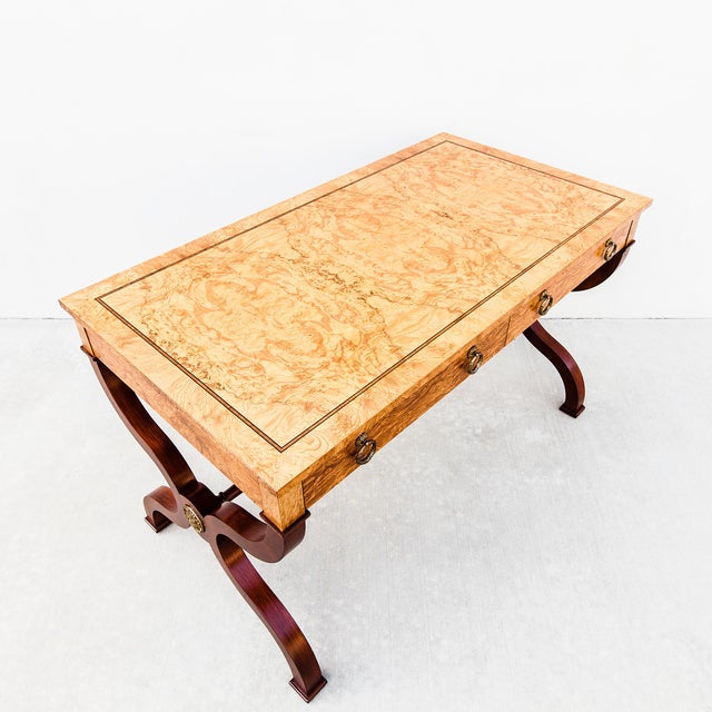 Restored Burl & Brass Vintage Regency Writing Desk by Baker For Sale - Image 11 of 15