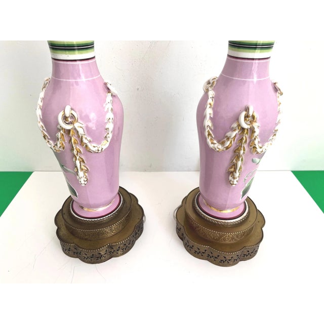 1940s French Floral Urn Lamps & Shades, Pair For Sale - Image 15 of 18