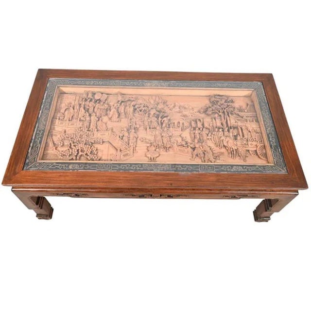 Asian Asian Coffee Table With Inset Carved Details For Sale - Image 3 of 5