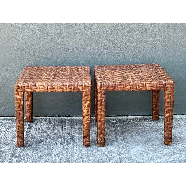 Mid-Century Modern Vintage Woven Rattan Side Tables - A Pair For Sale - Image 3 of 12