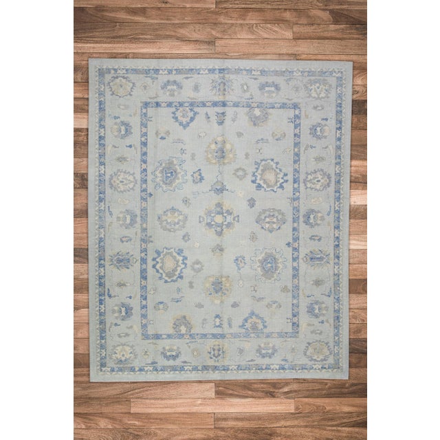 Textile Early 21st Century Blue Floral Design Handwoven Wool Turkish Oushak Rug 9'4" X 11'5" For Sale - Image 7 of 8