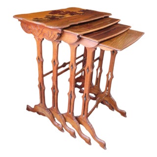 Beautiful Set of 4 Émile Gallé Nesting Tables With Nature Scenes For Sale