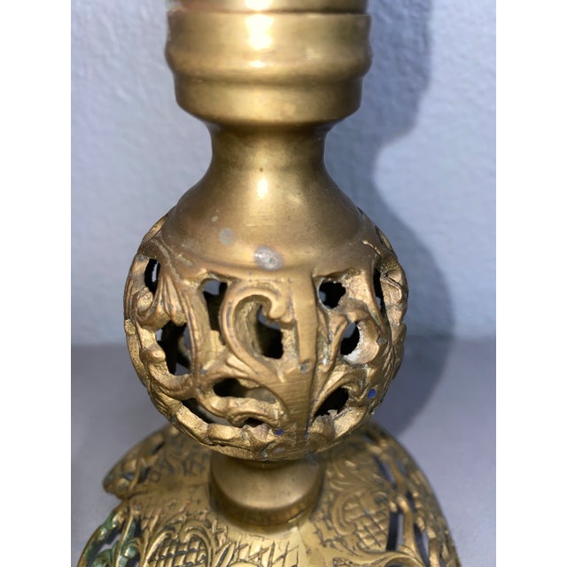 Vintage Filigree Brass Hollywood Regency Style Candlesticks- Set of 2 For Sale - Image 4 of 11