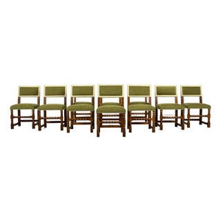 Late 19th Century French Louis XIII Oak Dining Chairs in Moss Green, Set of 10 For Sale