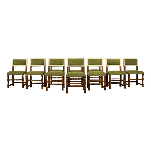Late 19th Century French Louis XIII Oak Dining Chairs in Moss Green, Set of 10 For Sale