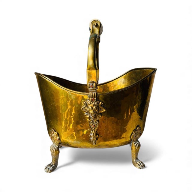 Metal Vintage Brass Bucket With Ceramic Handle Lion Head Claw Feet For Sale - Image 7 of 16