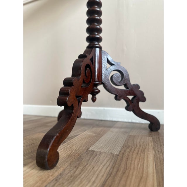 Wood c.1860 Victorian Barley Twist Tripod Carved Mahogany Wine/Side Table Hand-Carved Pedestal, Scalloped Top For Sale - Image 7 of 8