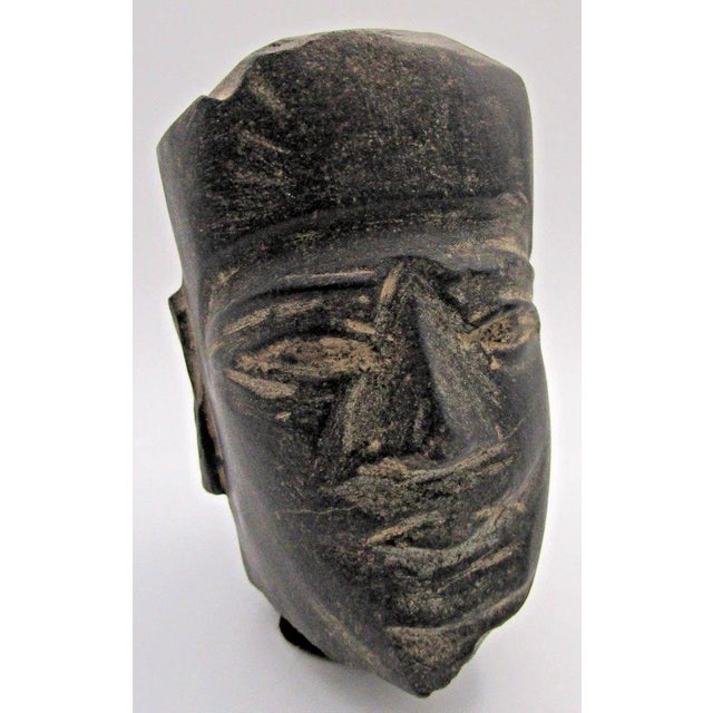 Pre-Columbian Mezcala Carved Stone Axe God Sculpture Measures 2 3/8" wide, 3 1/2" deep and 4 3/4" tall. A hand-carved dark...