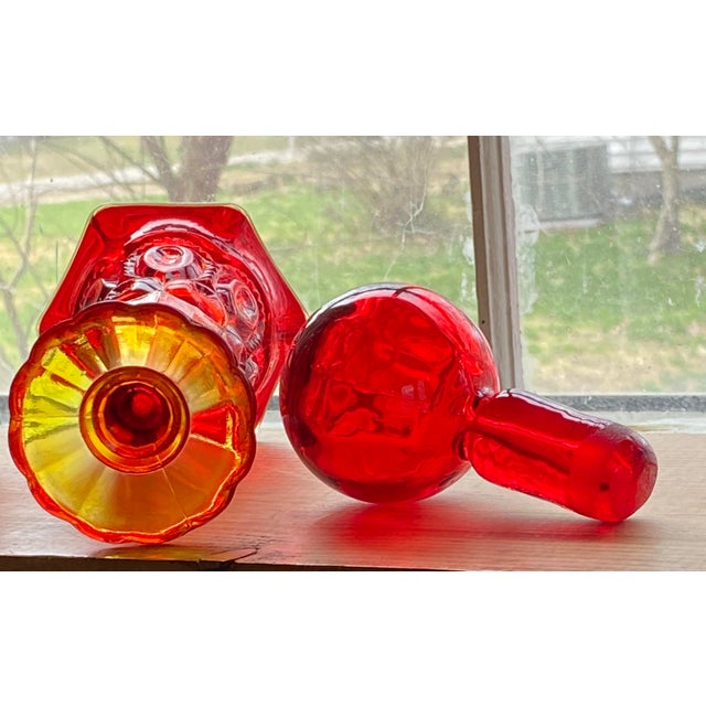 Vintage Blazing Moon and Stars Pattern Ruby Red & Amberina Pressed Glass Trumpet Bud Vase + Ball Stopper For Sale - Image 6 of 9