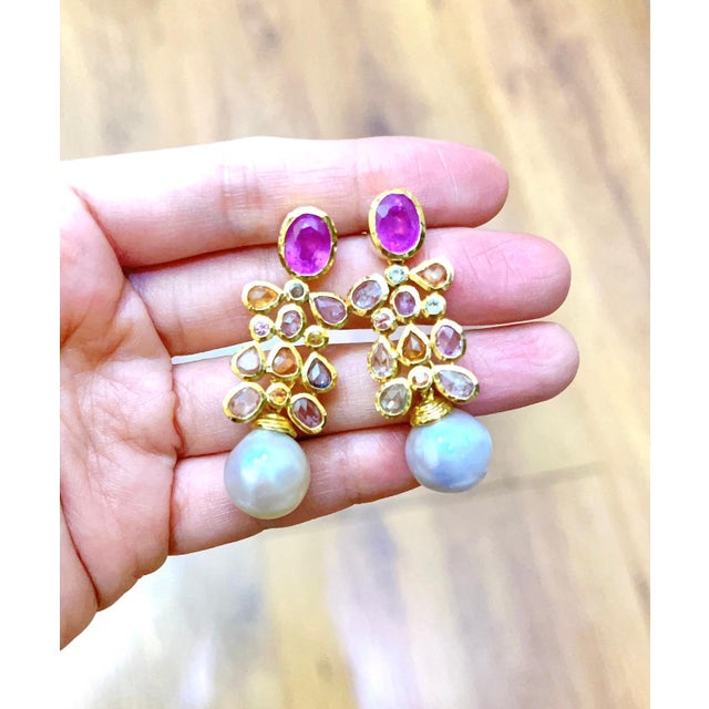 Bochic "Capri" Vintage Ruby & Multi Rose Cut Sapphire Earrings Set In 18K Gold & Silver Natural Ruby Oval Shape from...