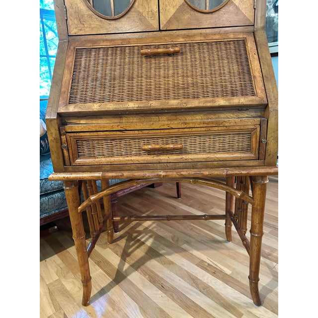 1970s 1970’s American of Martinsville Faux Bamboo Chinoiserie Palm Beach Secretary Desk With Display Cabinet For Sale - Image 5 of 12