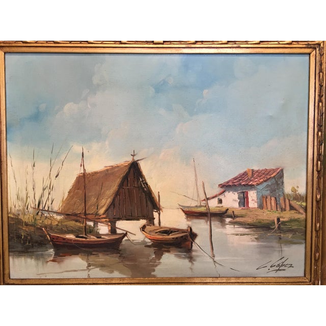 About 1950 oil on canvas, The lagoon, Valencia, Spain signed by Lopez with a beautiful frame Traditional landscape of...