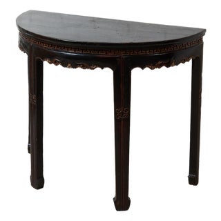Antique Chinese Black Lacquer Demi-Lune Console Table For Sale