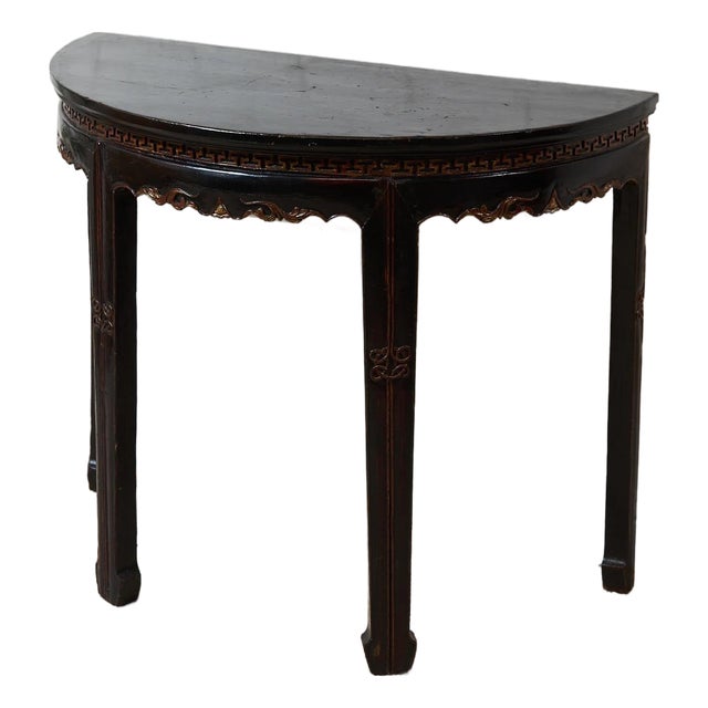 Antique Chinese Black Lacquer Demi-Lune Console Table For Sale