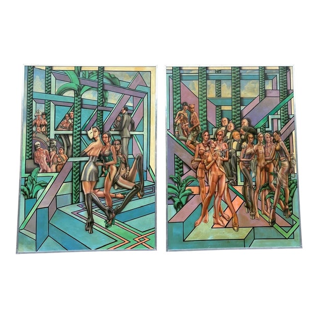 Pair of Monumental Figurative Surrealist Paintings, Signed “John h.h.” 1974 For Sale