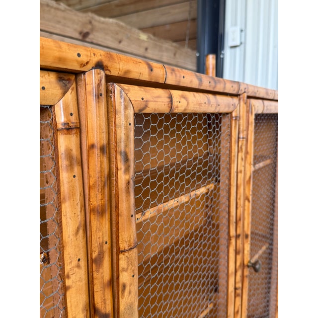 Vintage Tortoise Bamboo Chicken Wire Sideboard Cabinet With Decoupaged Appliqué Panels For Sale - Image 9 of 12