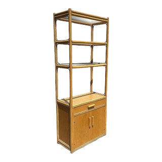 Restored High Style Rattan & Mahogany Etagere Display Curio Cabinet, 2 Available For Sale