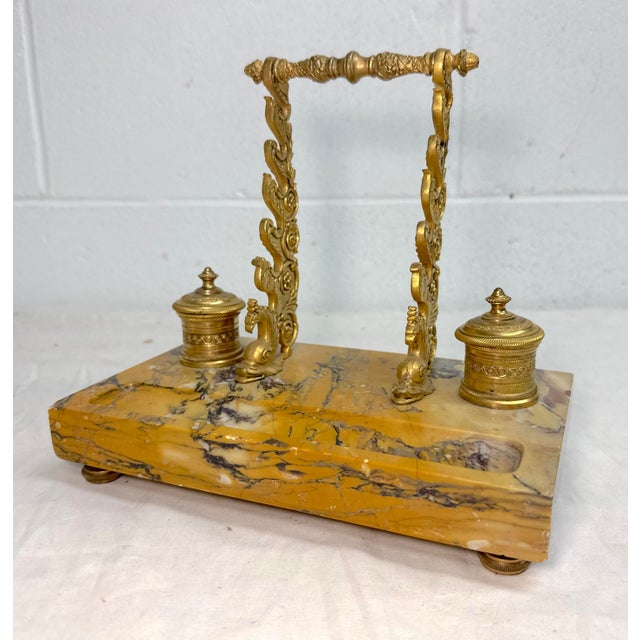 Metal Antique French Siena Marble Bronze Dual Dolphin Empire Statue Desk Inkwell Stand For Sale - Image 7 of 14