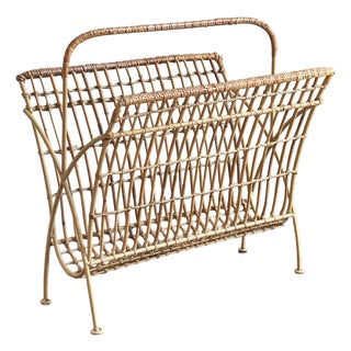 1950s Bamboo & Rattan Openweave Magazine Rack W/ Iron Base For Sale