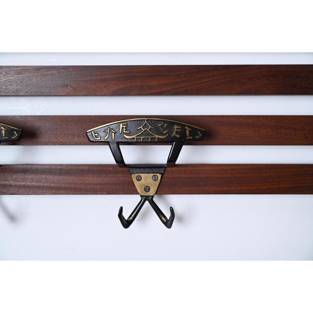 1960s Italian Coat Rack in Teak, Brass and Black Enameled Iron, Italy, 1960s For Sale - Image 5 of 17