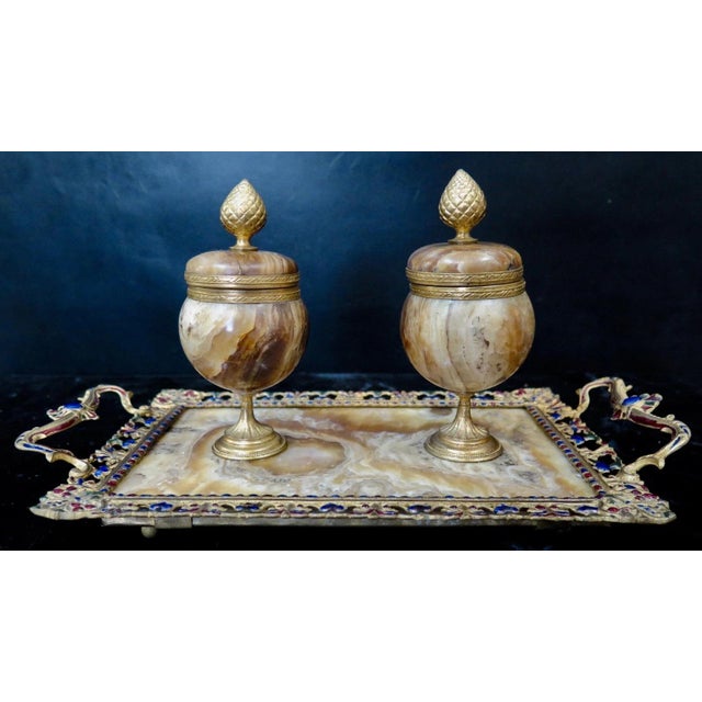 19th Century 19th Century Champleve' Marble & Bronze Double Inkwell - Set of 3 For Sale - Image 5 of 12
