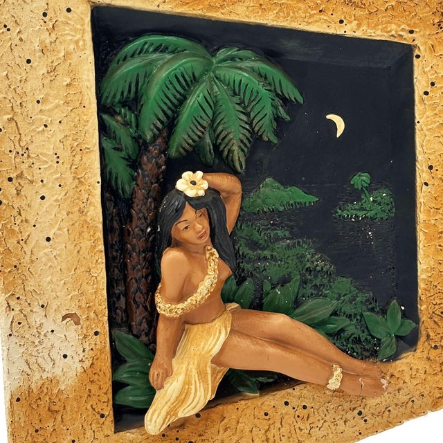 Mid-Century Modern 1950s Rare MCM Tropical Hula Girl & Ukulele Boy Art Pottery 3d Wall Sculptural, Pair For Sale - Image 3 of 13
